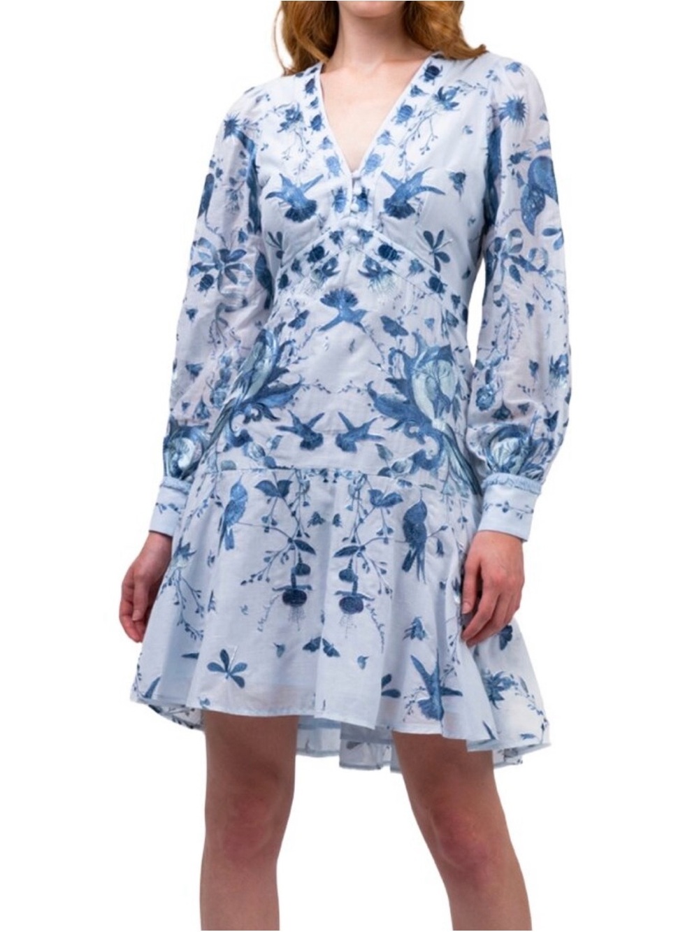 Marchesa Blue Floral V-Neck Long Sleeve Dress